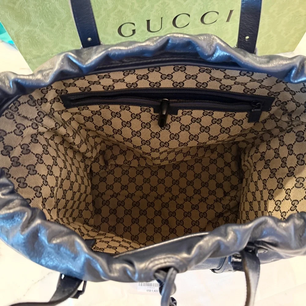 Gucci Blue Leather Drawstring Tote Bag With Tonal Double G Logo NWT